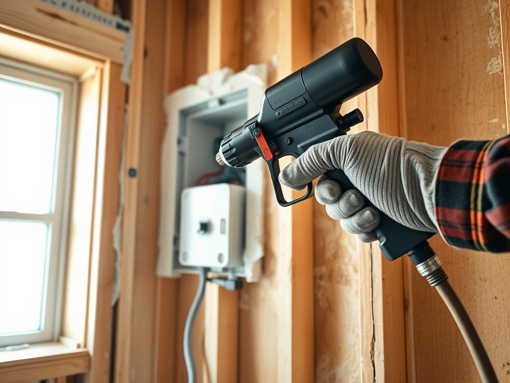 Close-up of a tradesperson applying spray foam insulation to wall framing