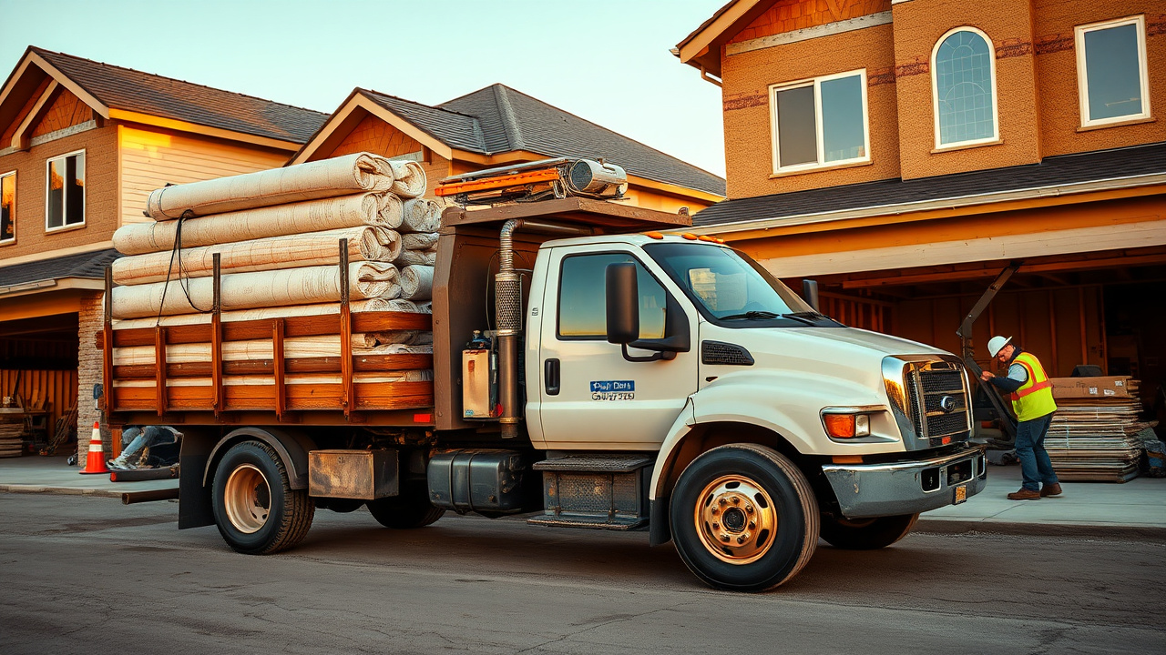 Insulation contractor work truck at a residential job site