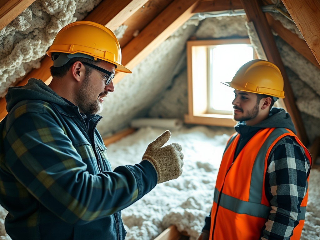 An experienced insulation installer showing an apprentice proper technique in an attic space