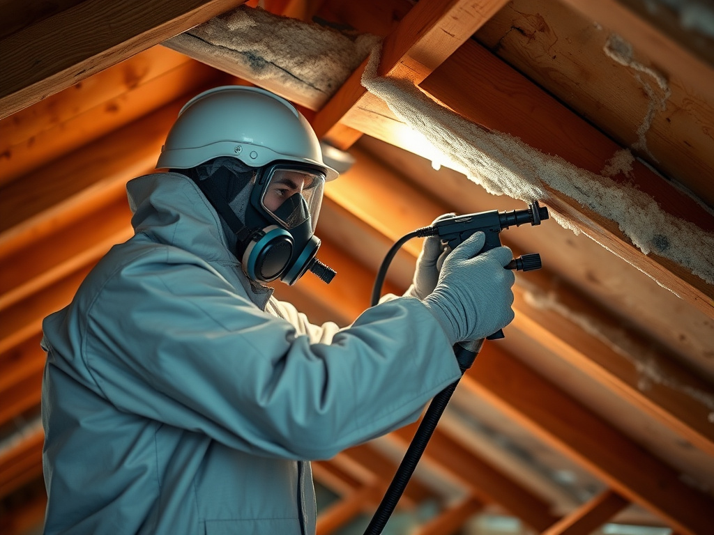 A certified contractor applying spray polyurethane foam insulation to a roof deck